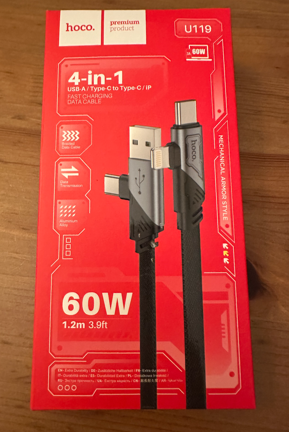 Hoco 60W 1.2m (3.9ft) 4 in 1 Fast Charging Cable (USB-A/Type C to Type C/Lightning
